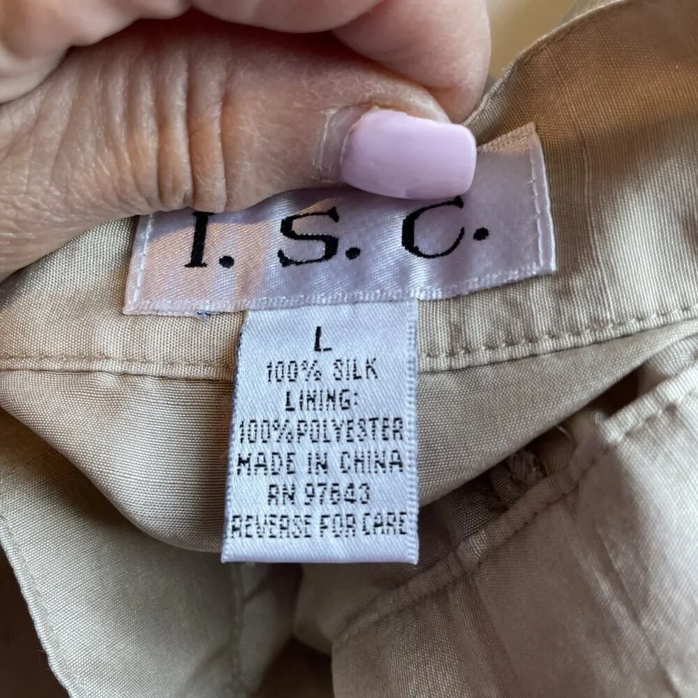 I.S.C. 100% Silk Tunic & Embroidered Pant Set Women's Large Beige Floral Luxury